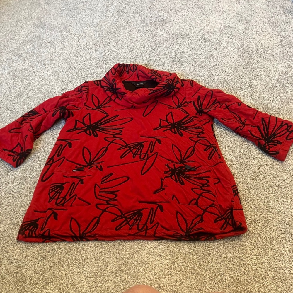 Ali Miles Red Black Abstract Scribble Cowl Neck Tunic Top Petite PM Art to Wear